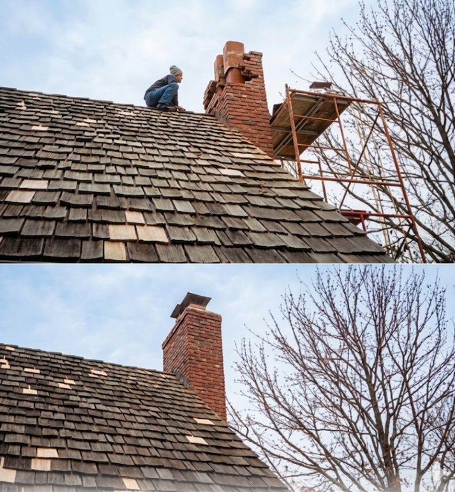 Cedar Shake Roof Chimney · Before & After · Mission Hills, KS
